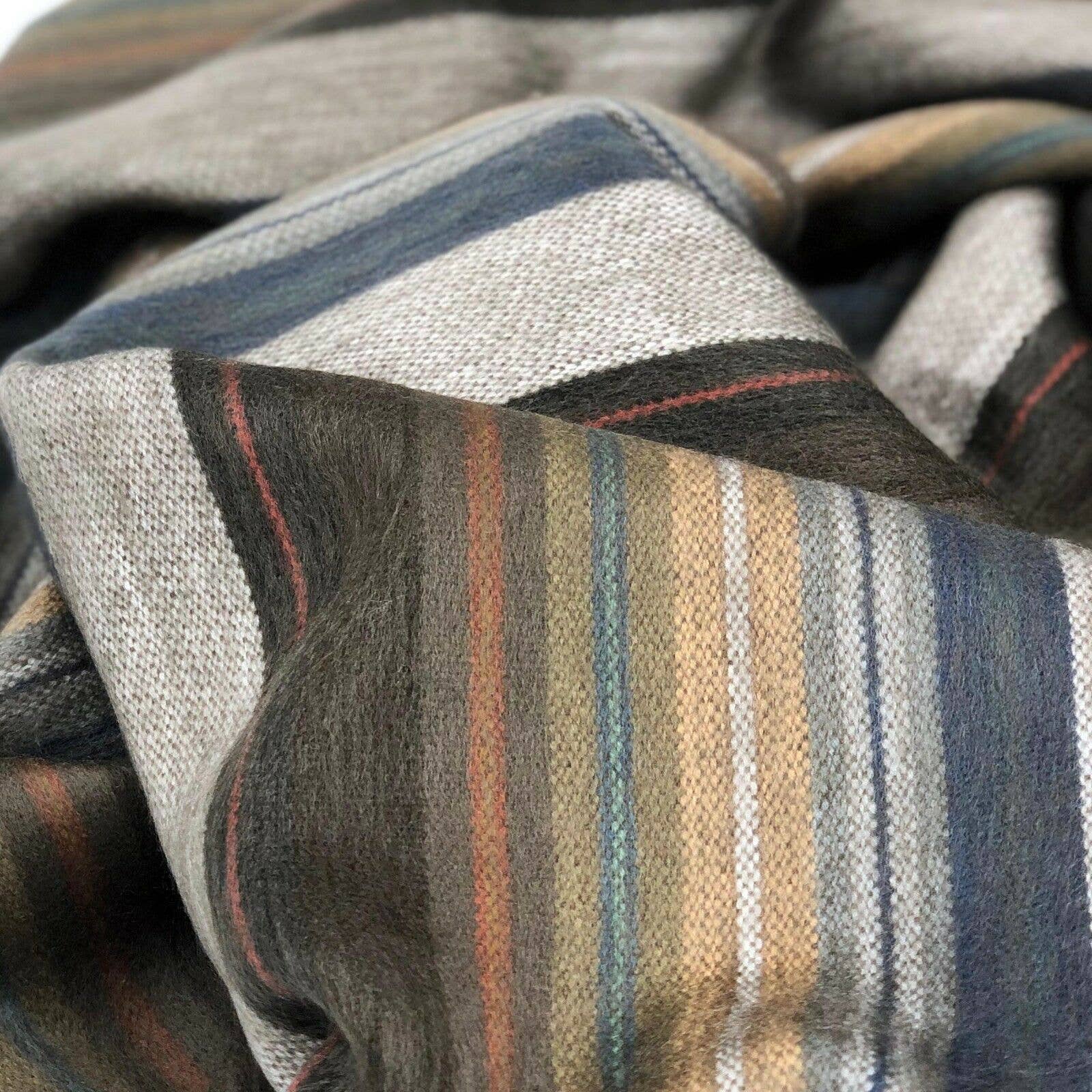 Soft & Warm Baby Alpaca Wool Throw Blanket / Sofa Cover - Queen 90" x 63" - multi colored thin stripes pattern