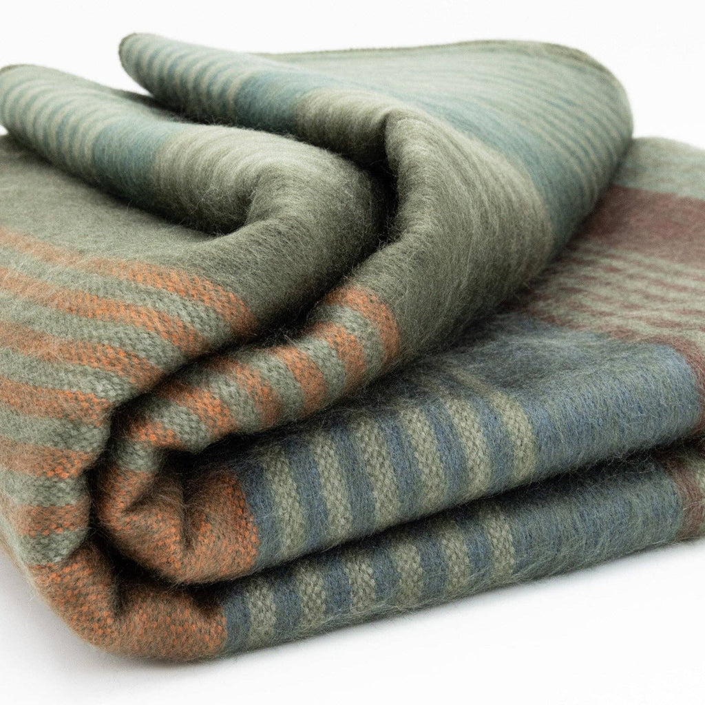 Molleturo – Baby Alpaca Wool Throw Blanket / Sofa Cover – Queen 95 x 69 in – Multicolor Striped in Moss, Clay, Teal, and Sand