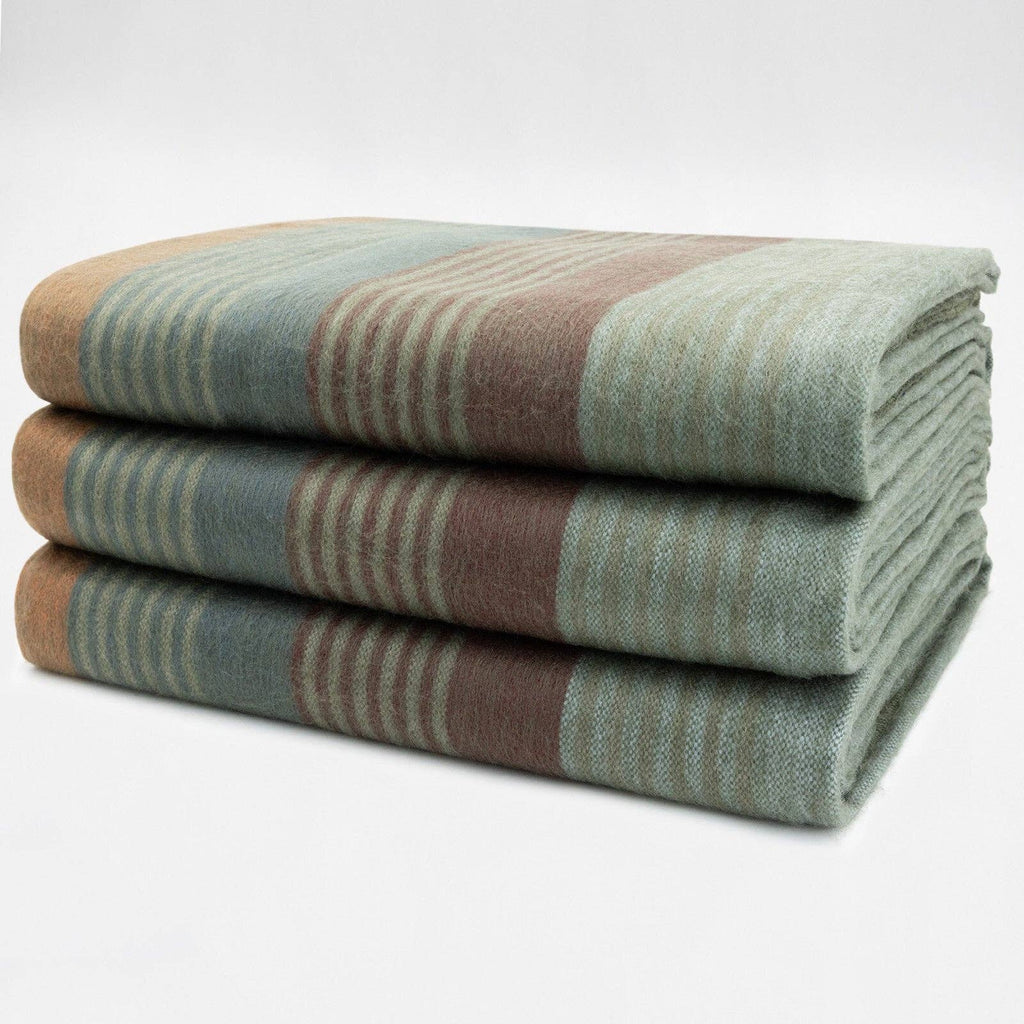 Molleturo – Baby Alpaca Wool Throw Blanket / Sofa Cover – Queen 95 x 69 in – Multicolor Striped in Moss, Clay, Teal, and Sand