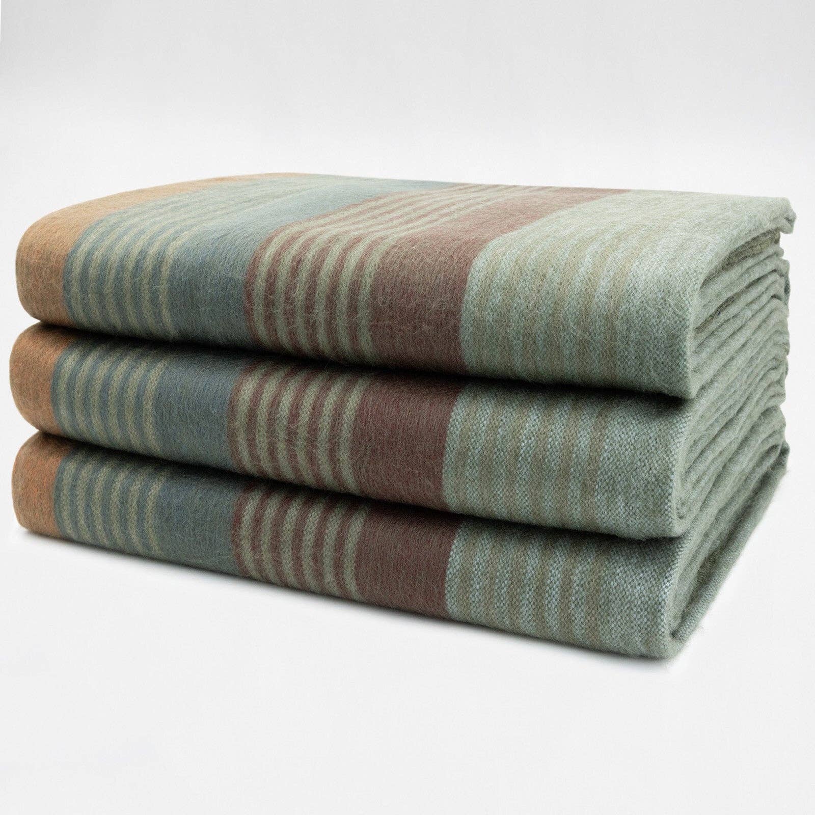 Molleturo – Baby Alpaca Wool Throw Blanket / Sofa Cover – Queen 95 x 69 in – Multicolor Striped in Moss, Clay, Teal, and Sand