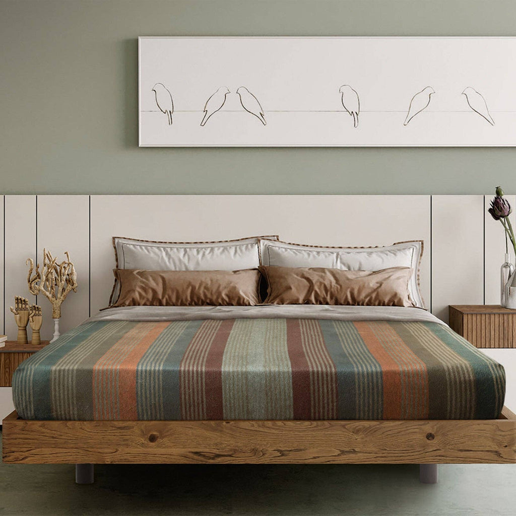 Molleturo – Baby Alpaca Wool Throw Blanket / Sofa Cover – Queen 95 x 69 in – Multicolor Striped in Moss, Clay, Teal, and Sand