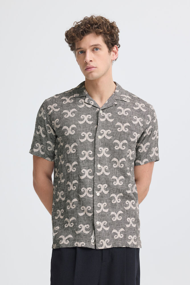 Grey Linen Patterned Short Sleeve Shirt - Tanner