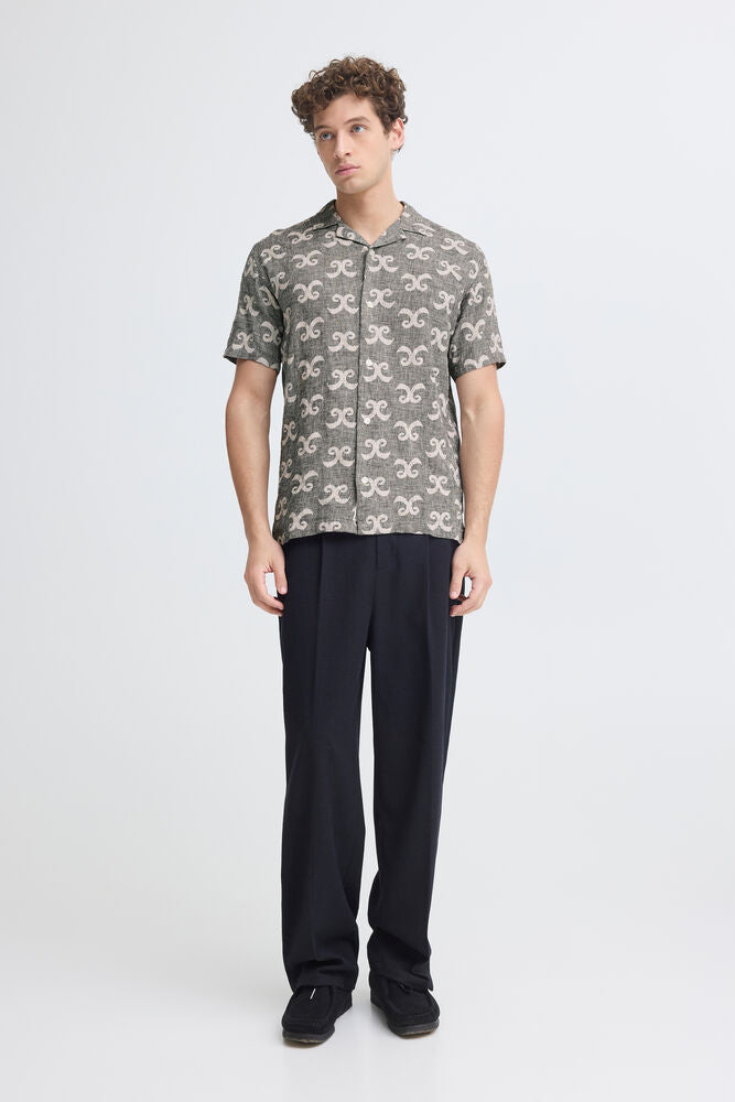 Grey Linen Patterned Short Sleeve Shirt - Tanner