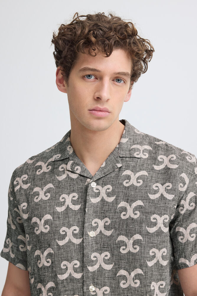 Grey Linen Patterned Short Sleeve Shirt - Tanner