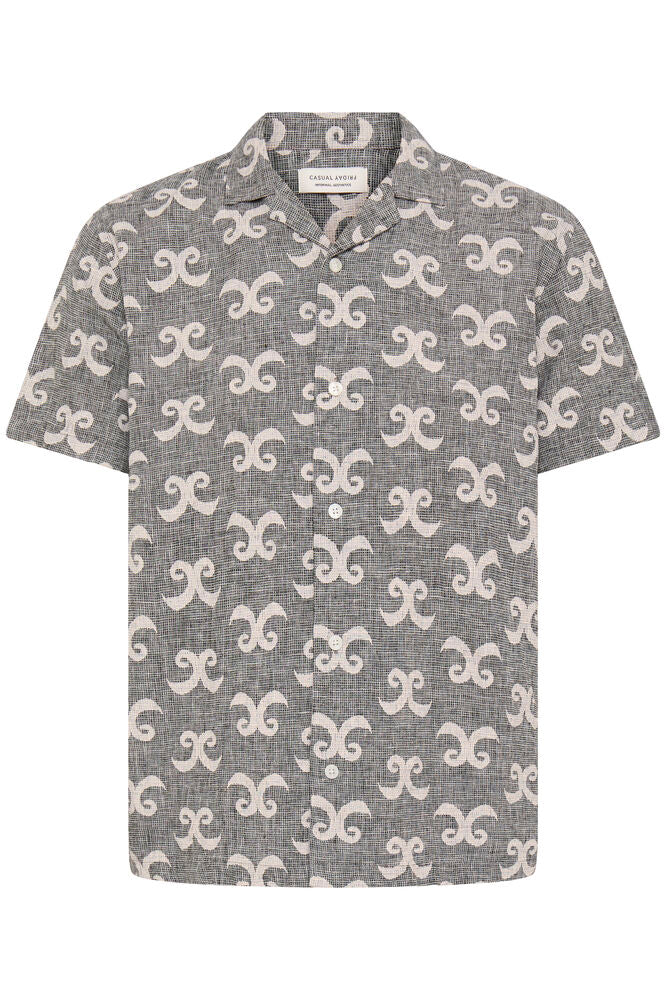 Grey Linen Patterned Short Sleeve Shirt - Tanner
