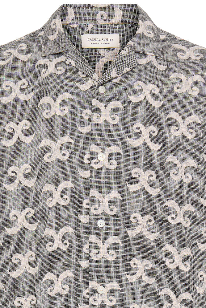 Grey Linen Patterned Short Sleeve Shirt - Tanner