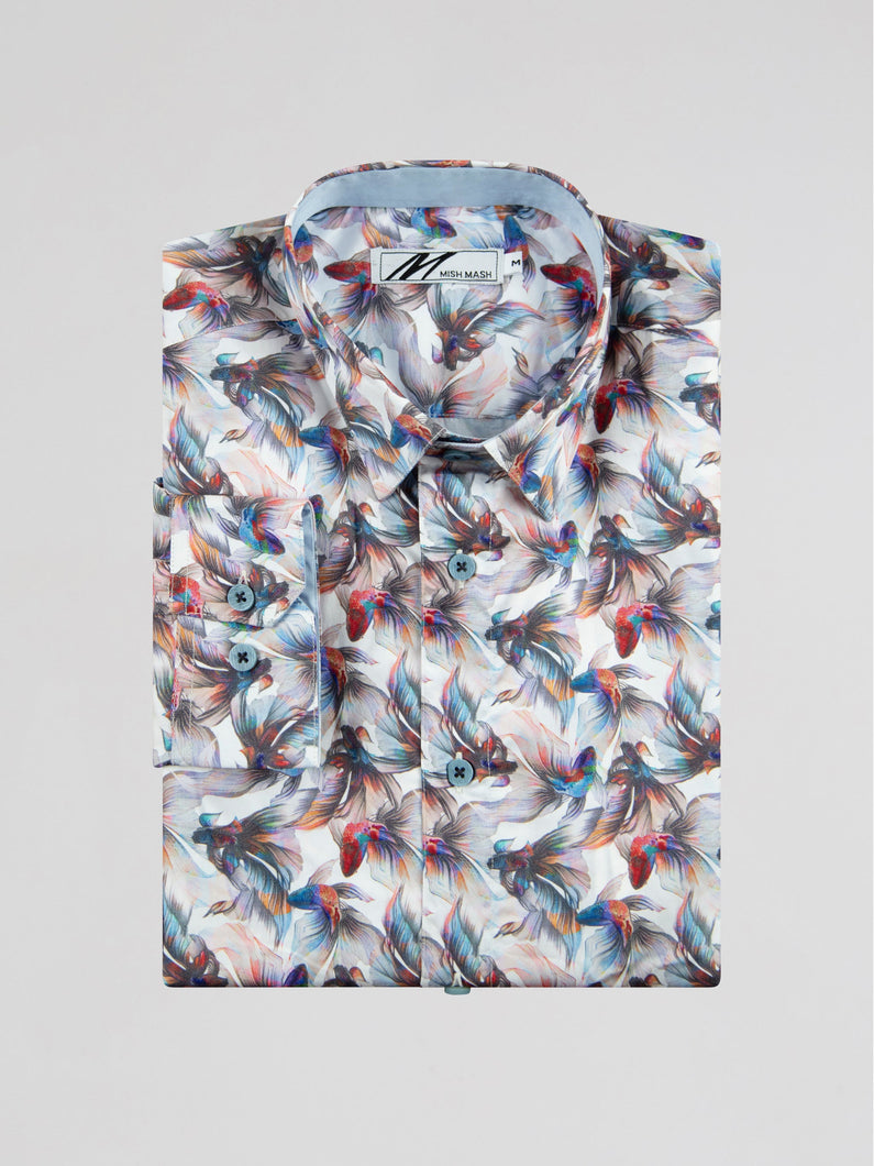 White & Multi Print Shirt - Fish | Mish Mash