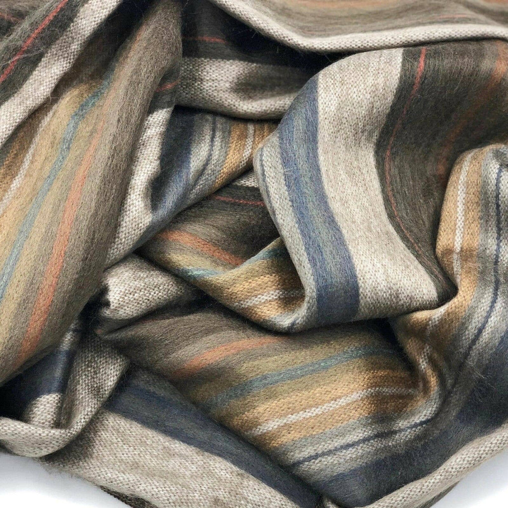 Soft & Warm Baby Alpaca Wool Throw Blanket / Sofa Cover - Queen 90" x 63" - multi colored thin stripes pattern