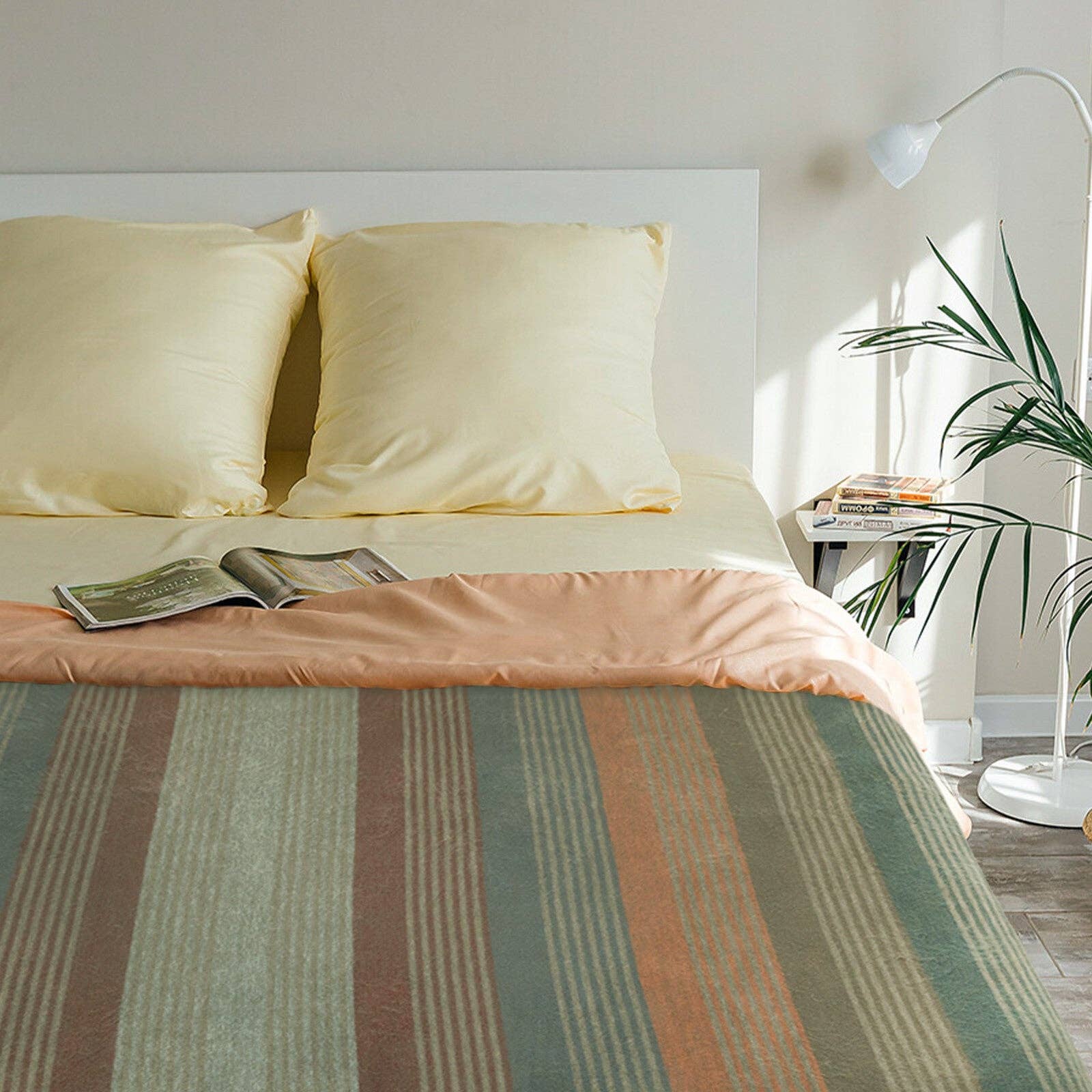 Molleturo – Baby Alpaca Wool Throw Blanket / Sofa Cover – Queen 95 x 69 in – Multicolor Striped in Moss, Clay, Teal, and Sand